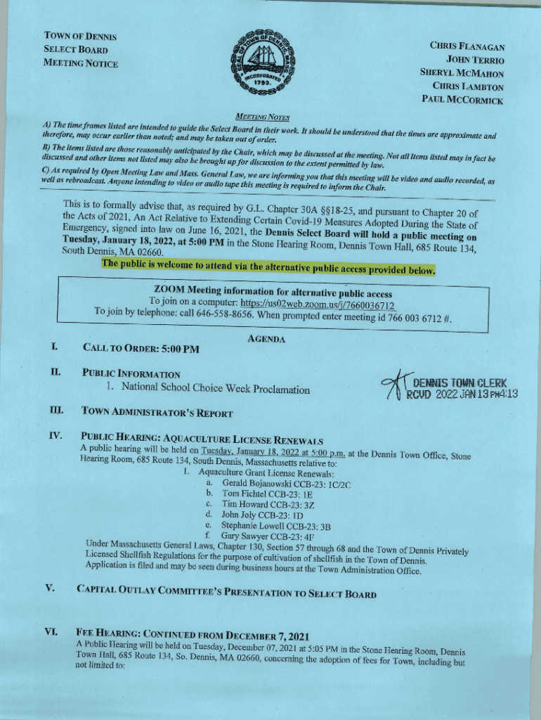 Fillable Online Town of Dennis Select Board Agenda Fact Sheet Fax Email
