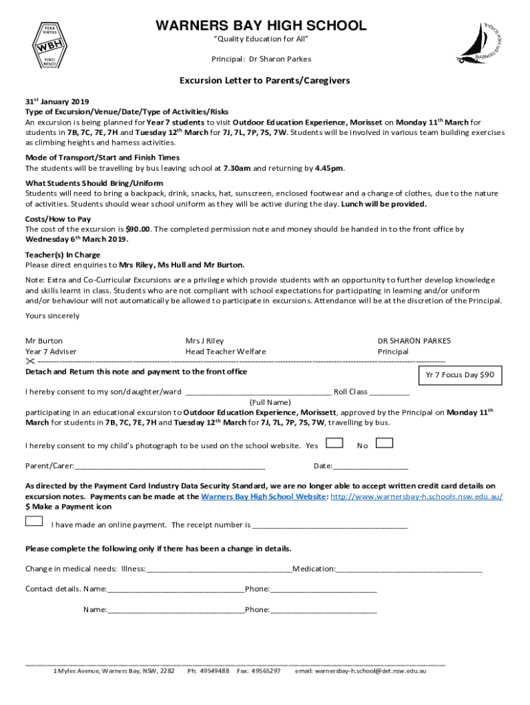 Fillable Online Teacher in charge of Excursion - Warners Bay High ...
