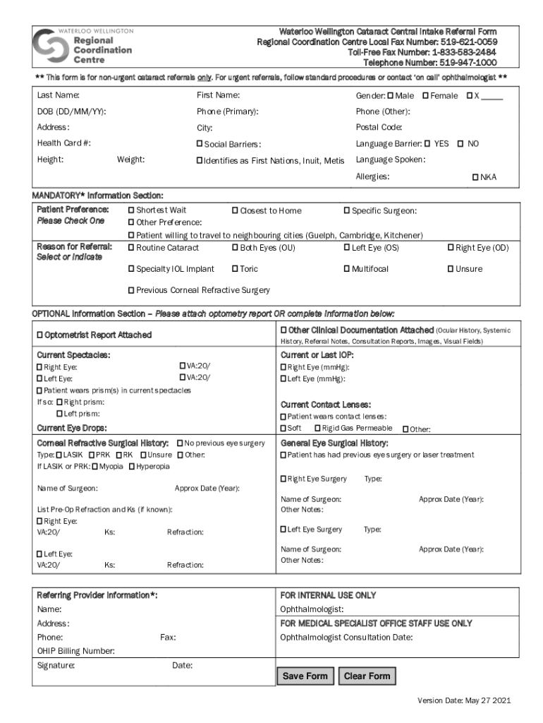 Fillable Online New Central Intake Referral Process for Cataract