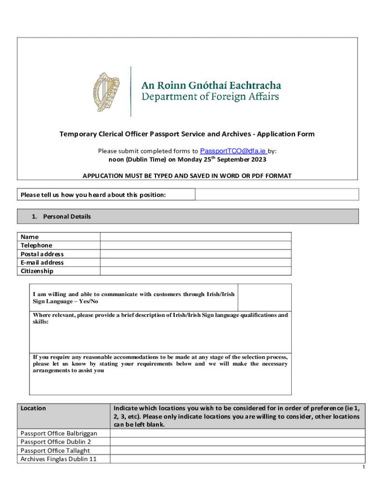 Fillable Online Temporary Clerical Officer Passport Service and