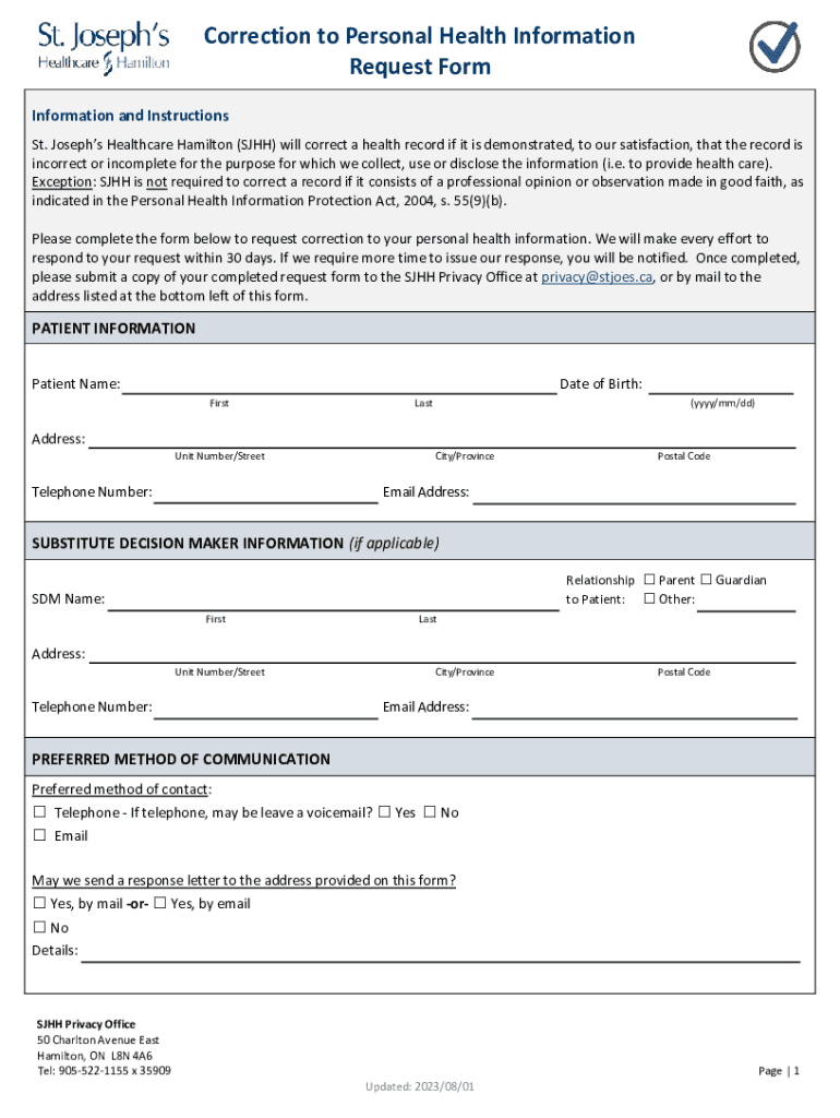 Fillable Online Correction to Personal Health Information Request Form