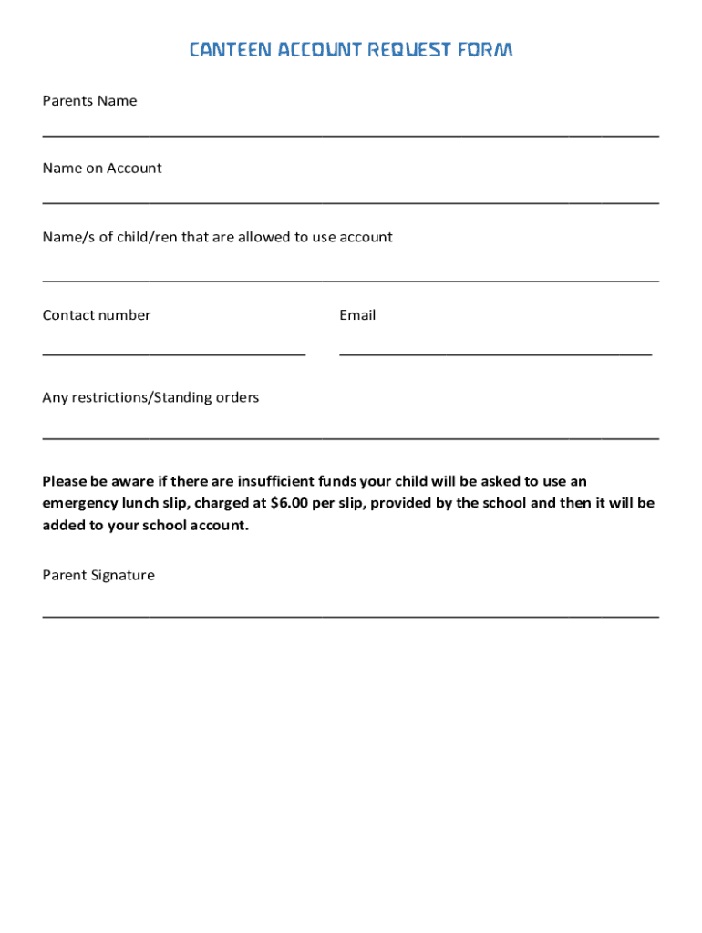 Fillable Online pws wa edu CANTEEN ACCOUNT REQUEST FORM Fax Email Print