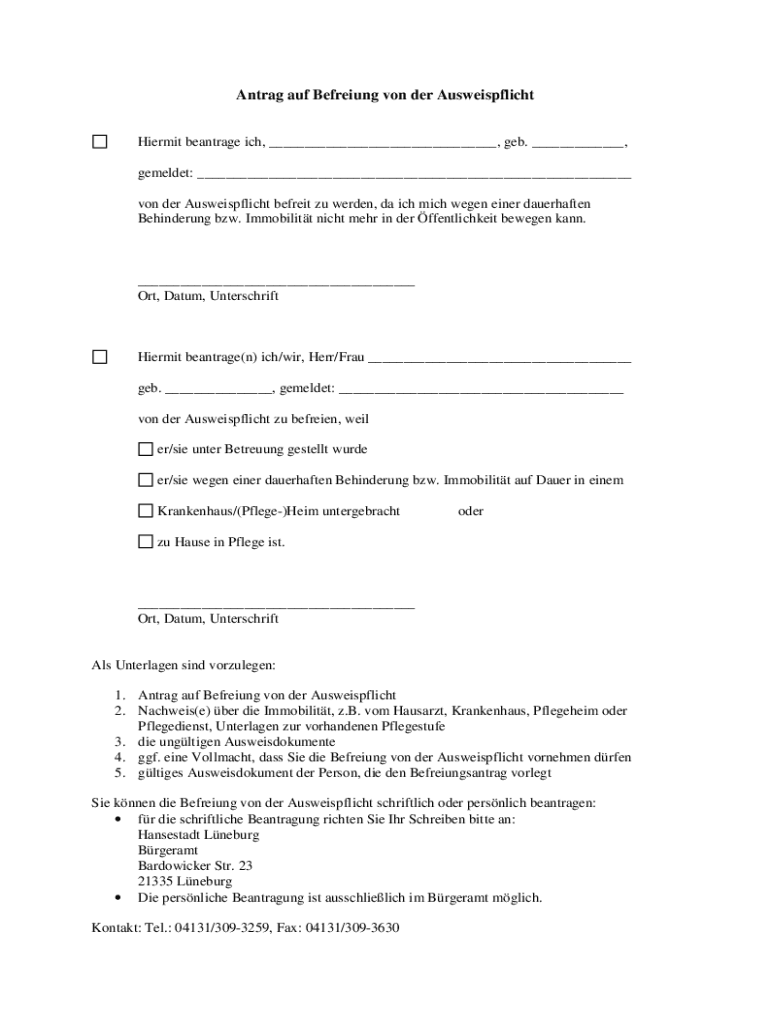 Antrag Auf Befreiung Von Der Ausweispflicht Pdf Ausfüllbar Online Antrag auf Befreiung von der Ausweispflicht nach1 Abs