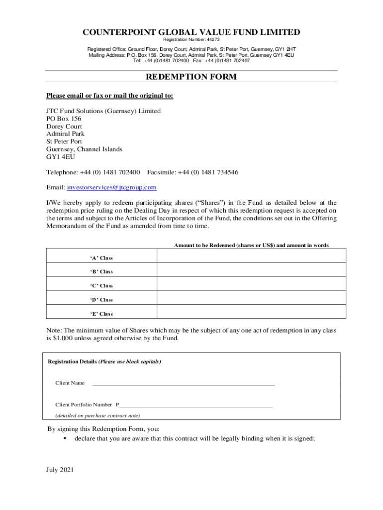 Fillable Online CounterpointGlobalValueFundLimitedRedemptionForm