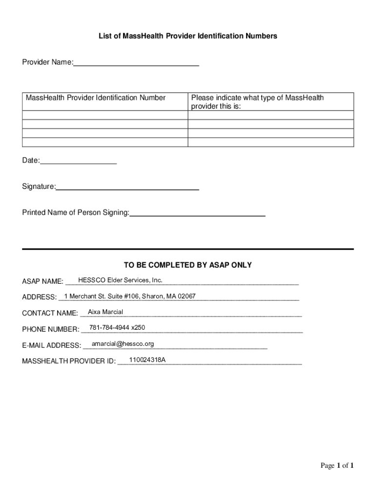 Fillable Online List of MassHealth Provider Identification Numbers Fax