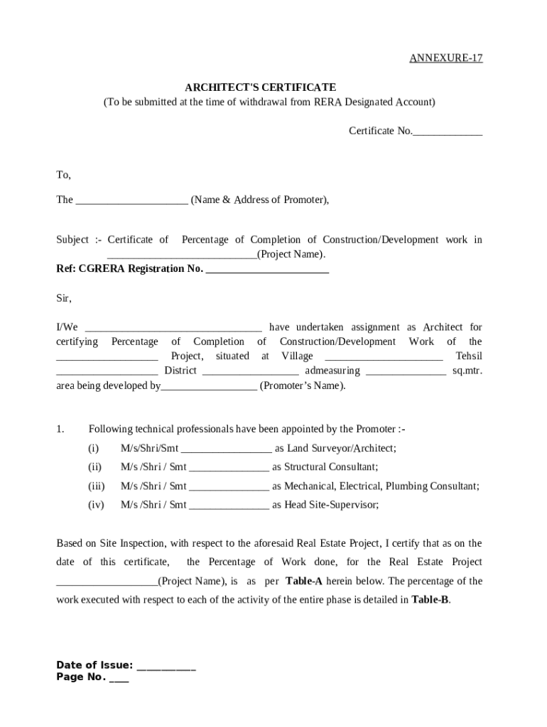 ANNEXURE20 Architect Certificate after obtaining completion Doc