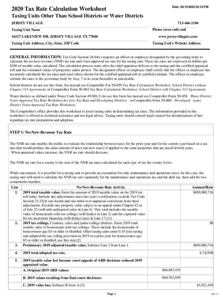 Fillable Online 2020 Tax Rate Calculation Worksheet Harris County Tax
