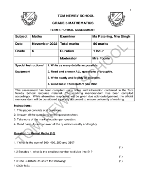 Fillable Online TOM NEWBY SCHOOL GRADE 6 MATHEMATICS Subject Maths
