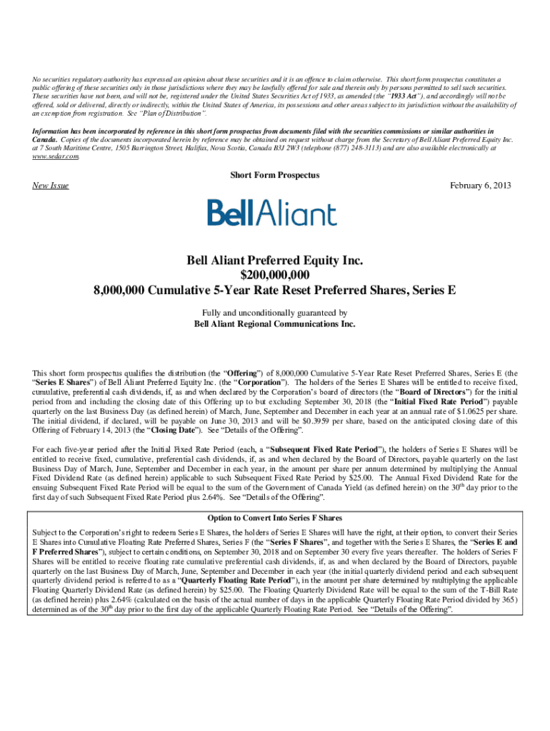 Fillable Online Bell Aliant Short Form Prospectus Series E Fax Email