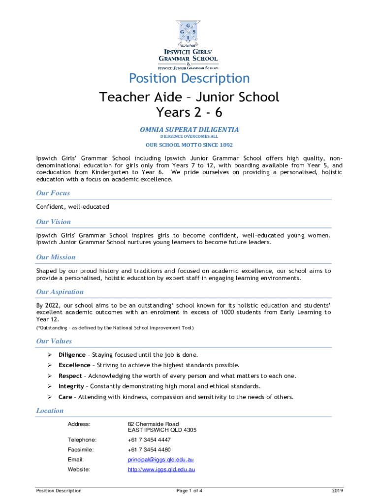 Fillable Online iggs qld edu Teacher Aide Junior School Fax Email Print