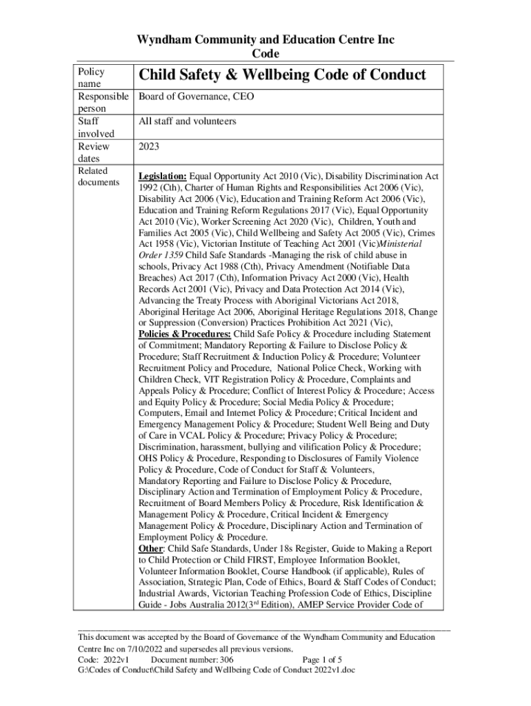 Fillable Online wyndhamcec org Child Safety & Wellbeing Code of Conduct Fax Email Print pdfFiller