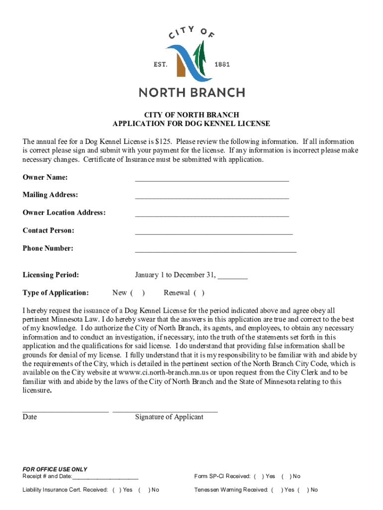Fillable Online City of North Branch Application for Dog Kennel License