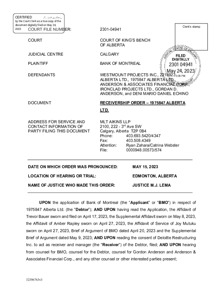 Fillable Online Receivership Order. Template Order for Emergency