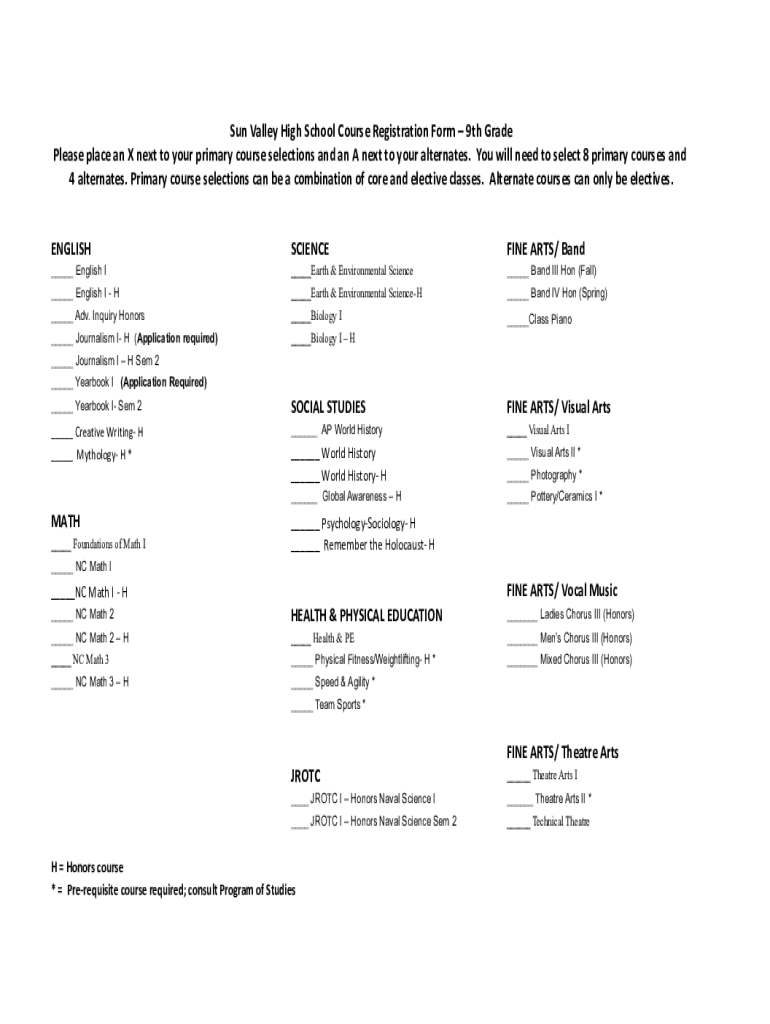 Fillable Online Sun Valley High School Course Registration Form Fax