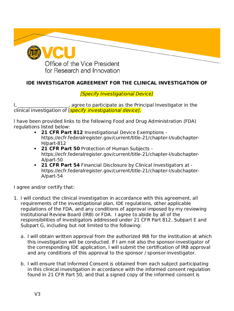 IDE Investigator Agreement Template research vcu Doc Template pdfFiller