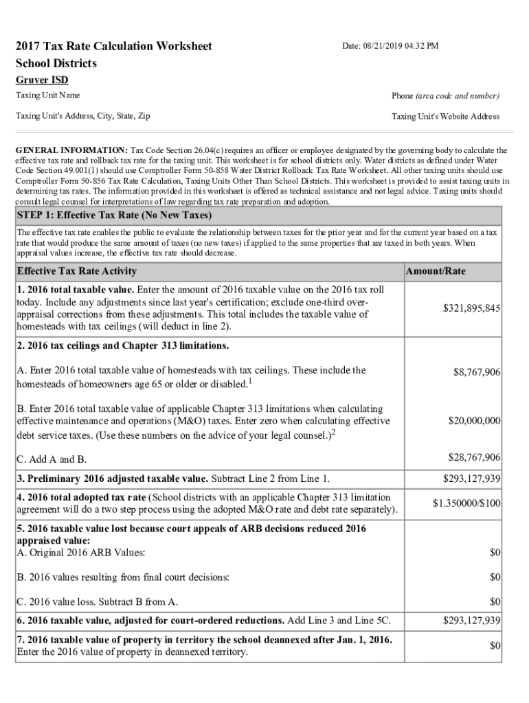 Fillable Online 2017 Tax Rate Calculation Worksheet Hansford County