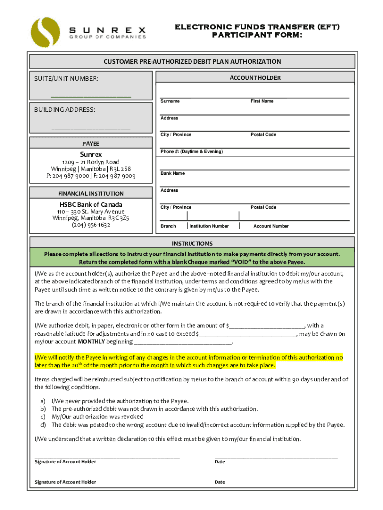 Fillable Online PREAUTHORIZED DEBIT PARTICIPANT AUTHORIZATION FORM Fax