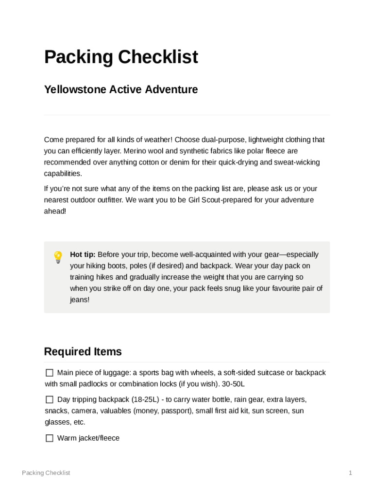Fillable Online Yellowstone Packing List What You Need (and What You