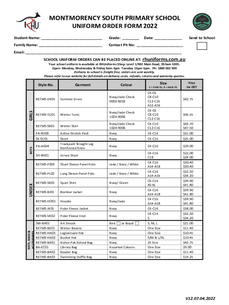 Fillable Online montysouth vic edu Uniform Order Form 2022 Fax Email