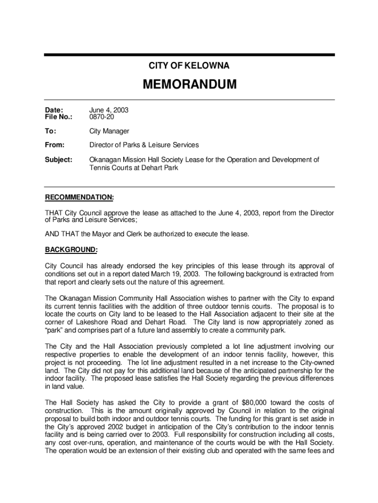 Fillable Online apps kelowna Item 6.6 OK Mission Hall Society Lease