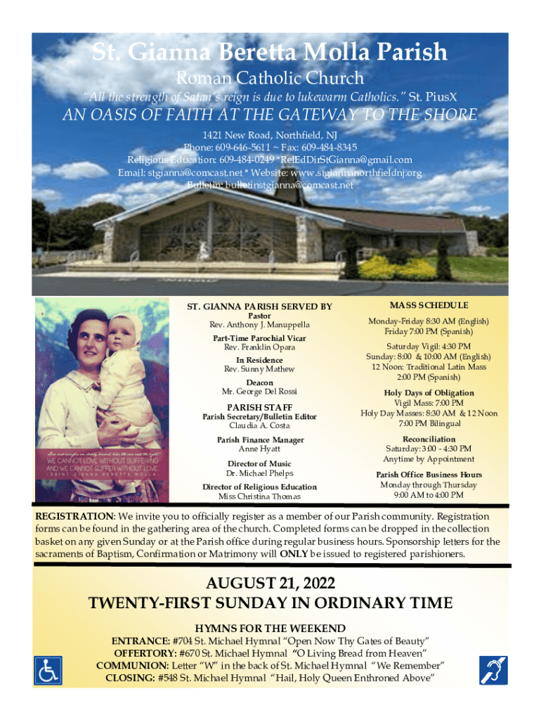 Fillable Online St. Gianna Beretta Molla Parish Roman Catholic Church ...