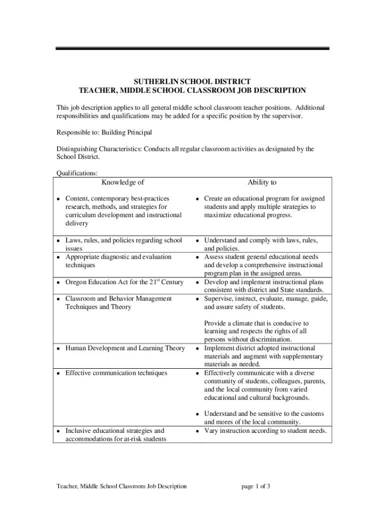 Fillable Online sutherlin school district teacher, middle school