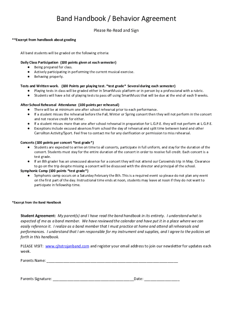 Fillable Online Leeton High School Band Handbook Table of Contents Fax