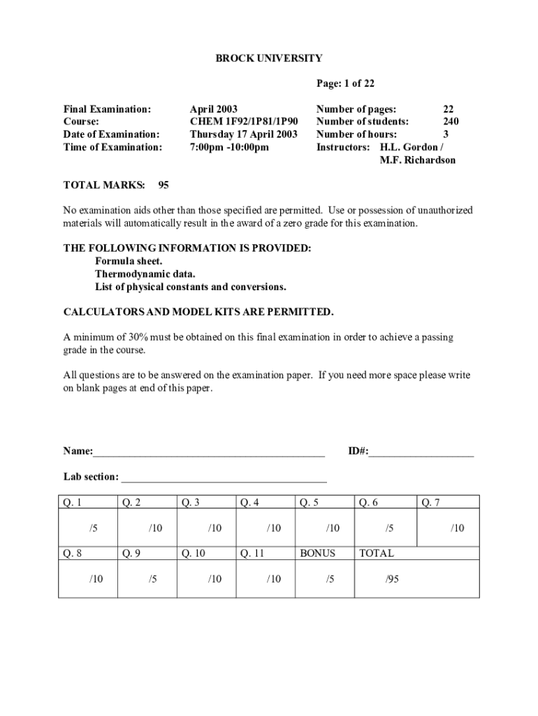 Fillable Online chemiris labs brocku CHEM 1P90 Brock University Fax