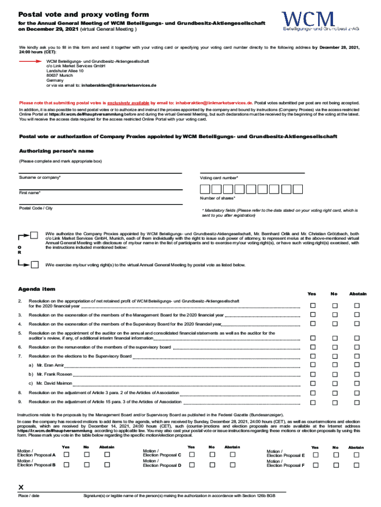 Fillable Online Postal vote and proxy voting form Fax Email Print pdfFiller