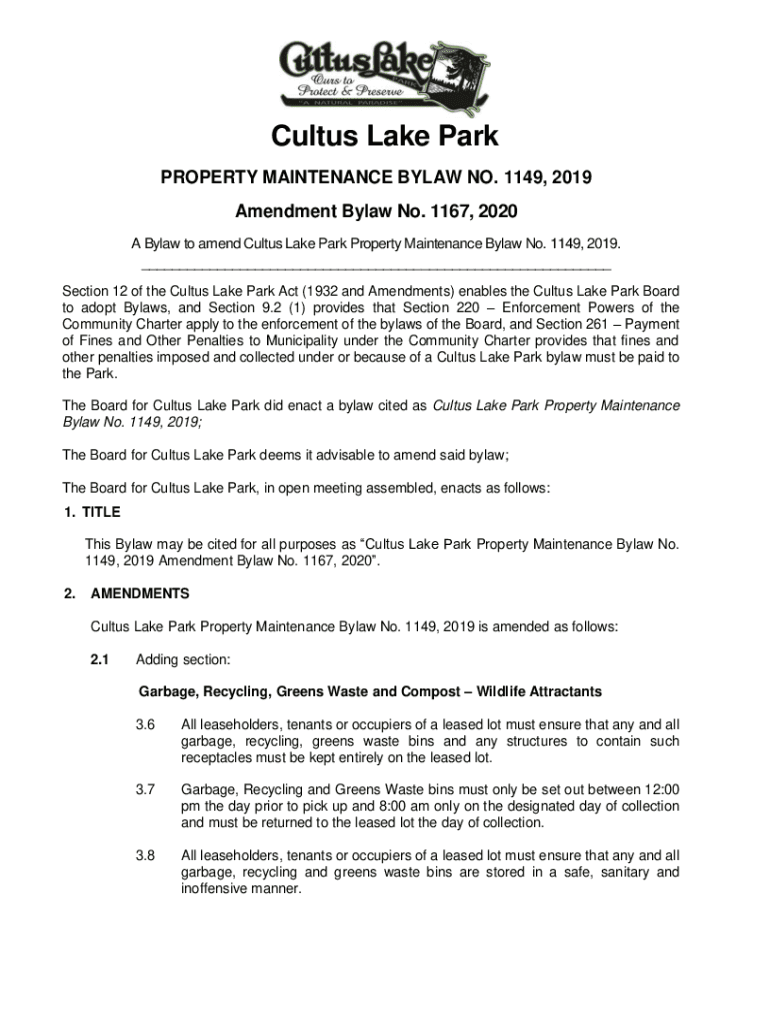 Fillable Online Cultus Lake Park Property Maintenance Bylaw No. 1149