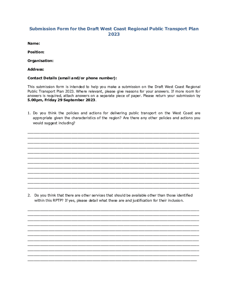 Fillable Online Submission Form for the Draft West Coast Regional