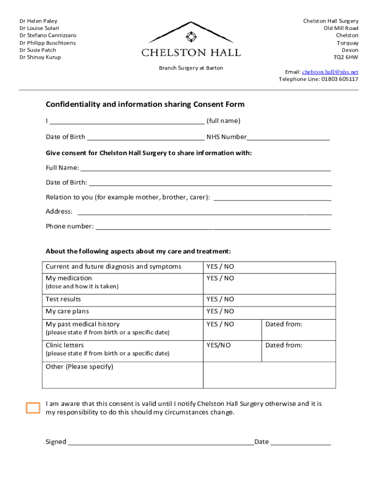 Fillable Online Chelston Hall Surgery Old Mill Road Torquay Doctors 