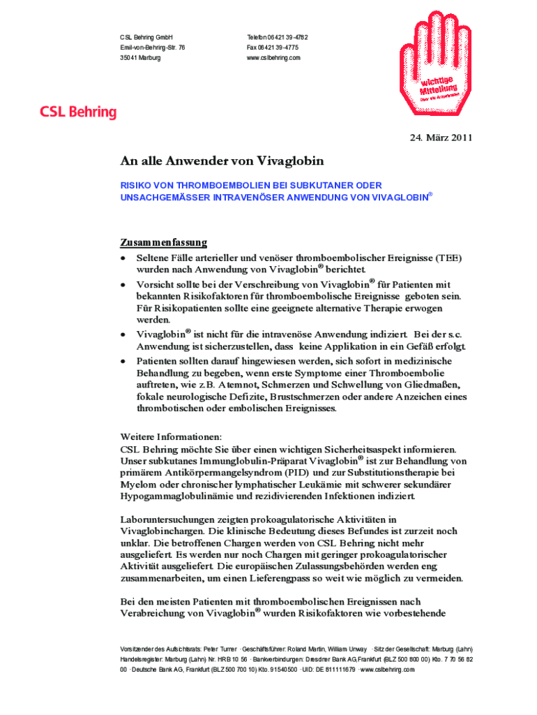 Ausfüllbar Online Rote-Hand-Brief zu Vivaglobin (humanes Immunglobulin ...