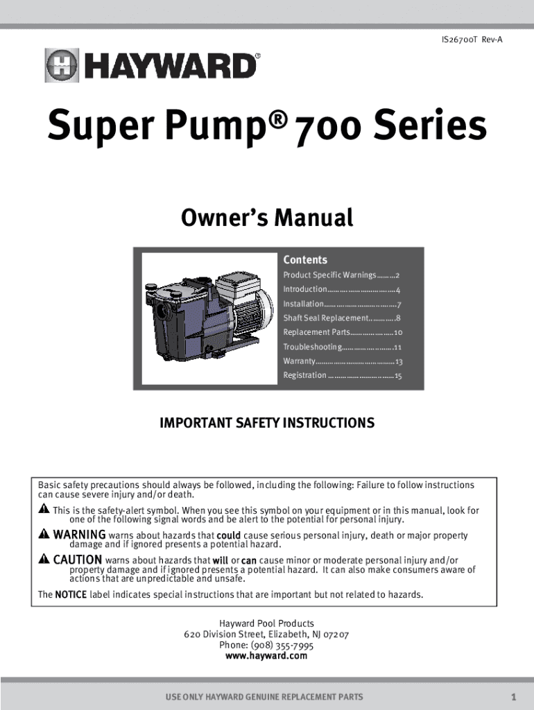 Fillable Online Hayward Super Pump 700 Series Owner