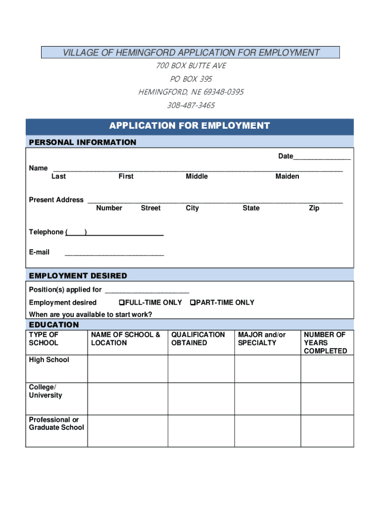 Fillable Online ci hemingford ne Employment Application Hemingford