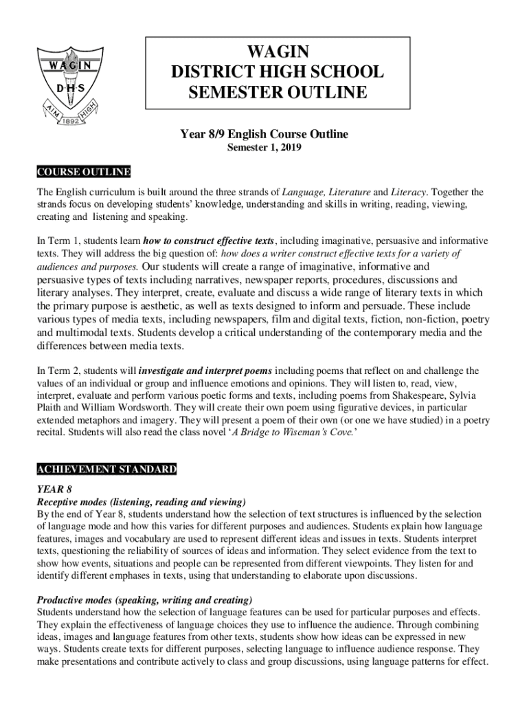 Fillable Online WAGIN DISTRICT HIGH SCHOOL SEMESTER OUTLINE Fax Email ...