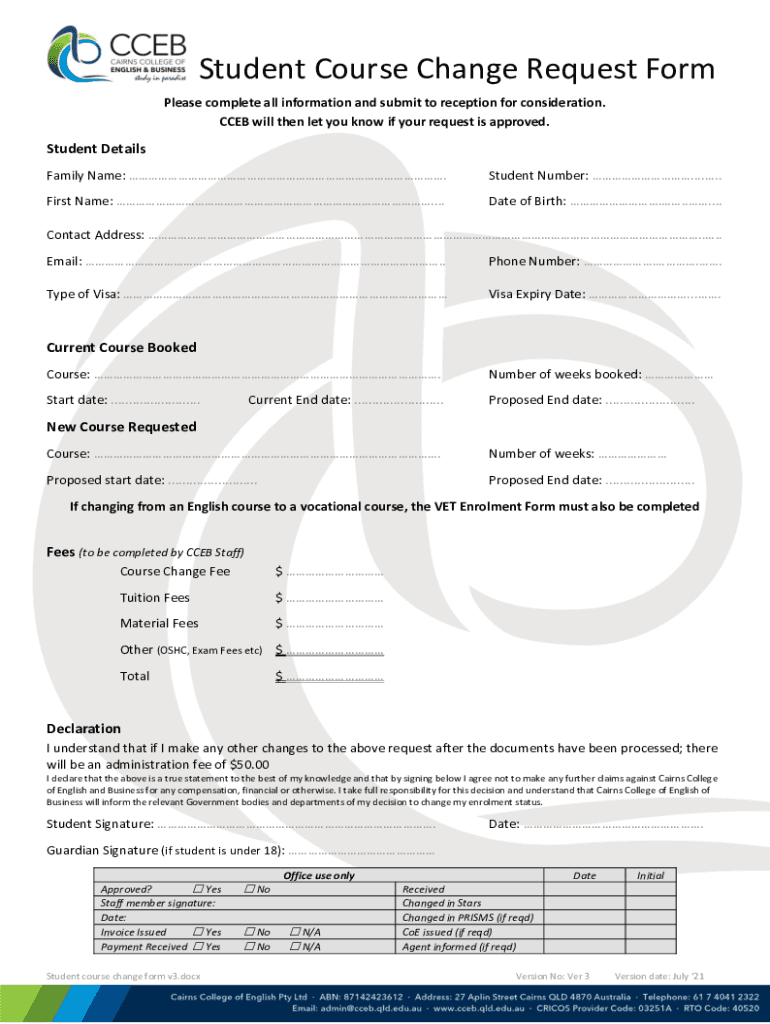 Fillable Online Student Course Change Request Form Fax Email Print ...