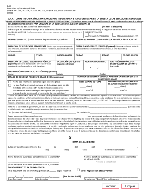 SOLICITUD DE INSCRIPCIN DE UN CANDIDATO INDEPENDIENTE PARA UN LUGAR EN LA BOLETA DE LAS ELECCIONES GENERALES