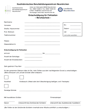 Entschuldigung fr Fehlzeiten Berufsschule
