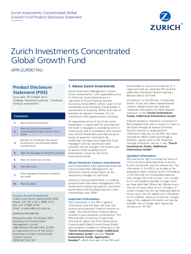Fillable Online Zurich Investments Concentrated Global Growth Fund PDS