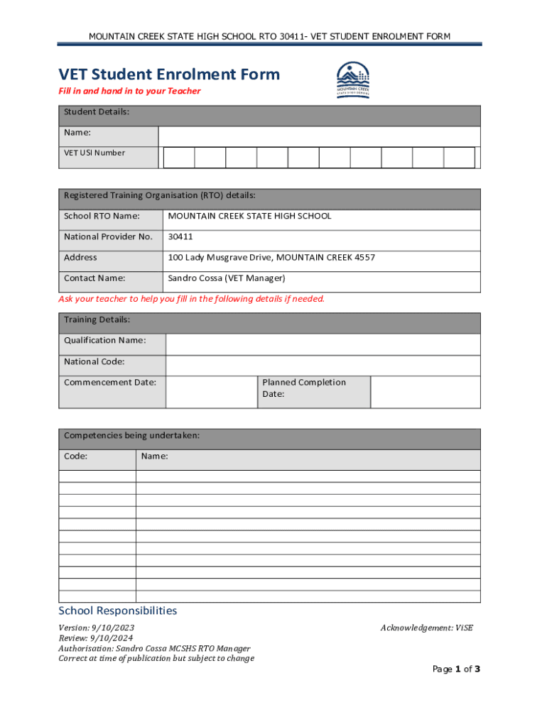 Fillable Online MOUNTAIN CREEK STATE HIGH SCHOOL RTO 30411- VET STUDENT ...