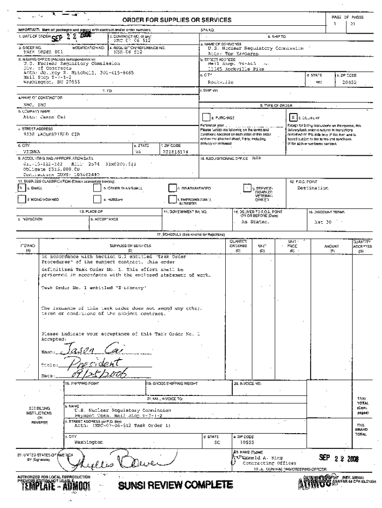 Fillable Online Task Order No. 001 Under Delivery Order No. NRC-07-06 ...
