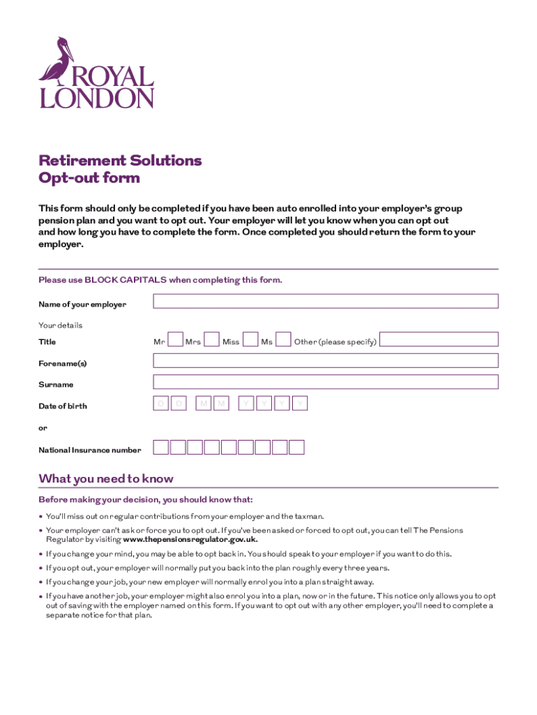 royal london opt out form Preview on Page 1