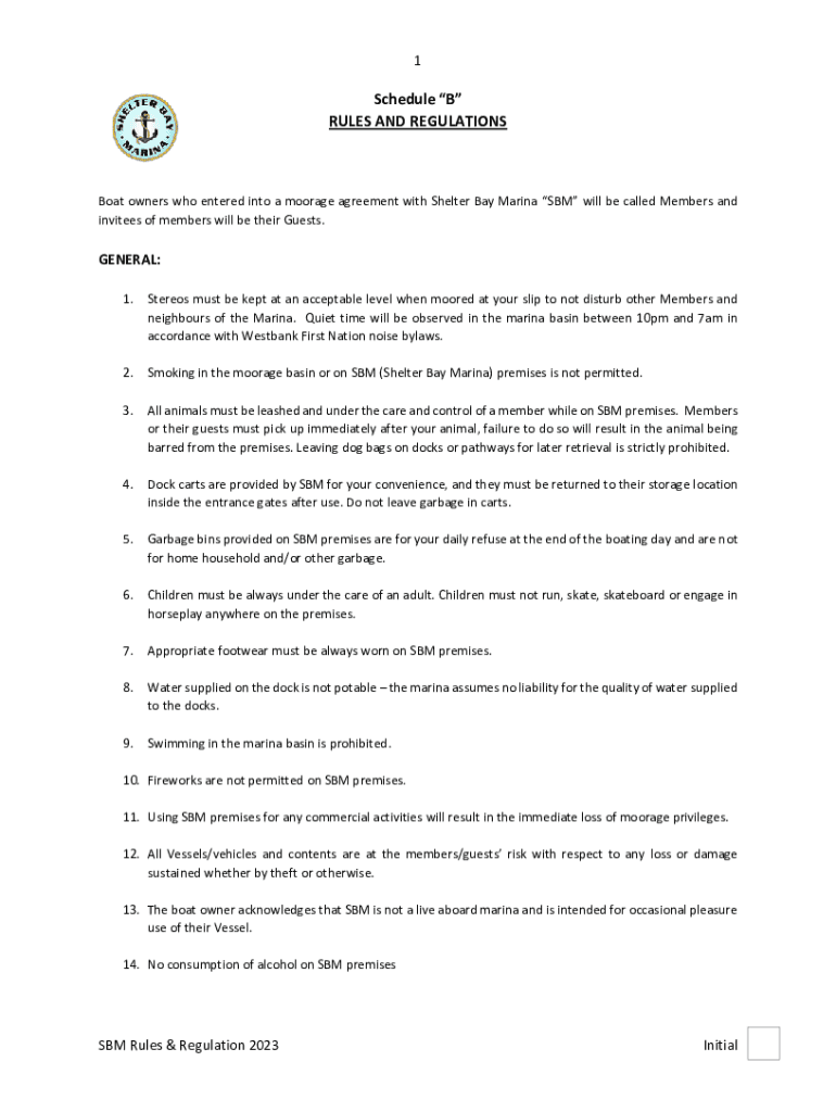 Fillable Online Schedule B RULES AND REGULATIONS Shelter Bay Marina