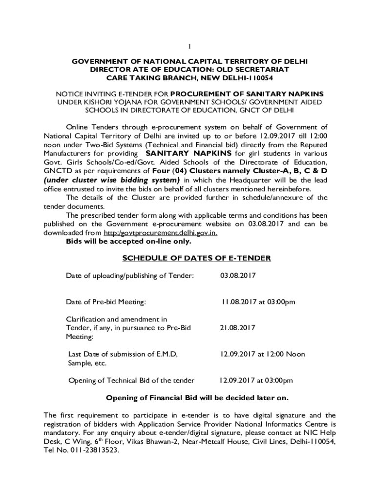 Fillable Online ETender for Procurement of Sanitary Napkins, New Delhi