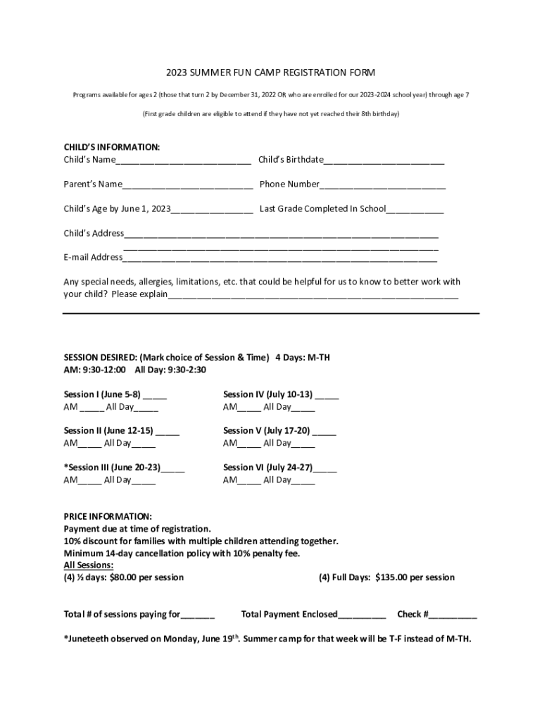 Fillable Online 2023 SUMMER FUN CAMP REGISTRATION FORM Fax Email Print ...