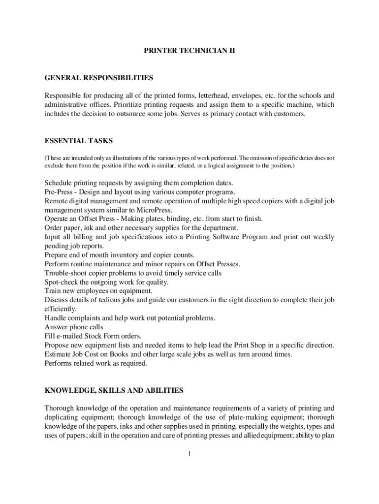 Fillable Online Printer Technician Resume Examples & Samples for 2023
