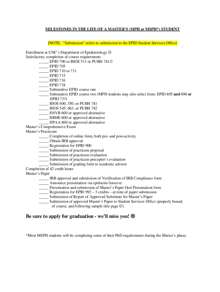 Fillable Online sph unc Milestones in the Life of an MPH (VET) Student