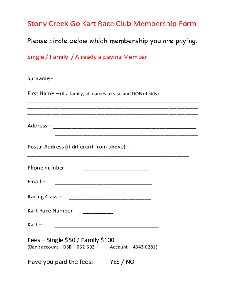 Fillable Online Stony Creek Go Kart Race Club Membership Form Fax Email