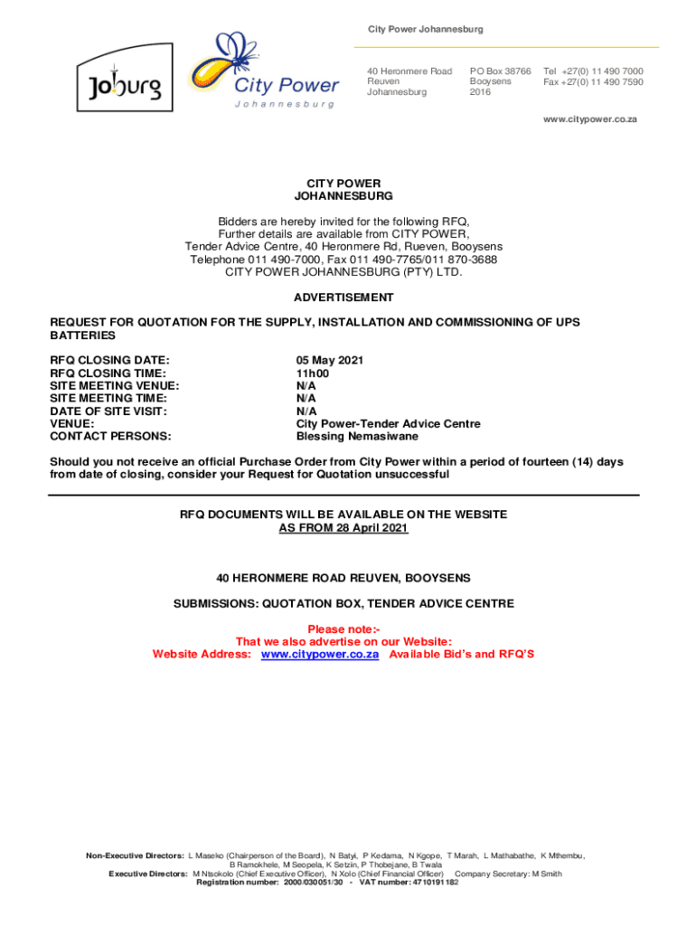 Fillable Online REQUEST FOR QUOTATION FOR THE SUPPLY, INSTALLATION AND